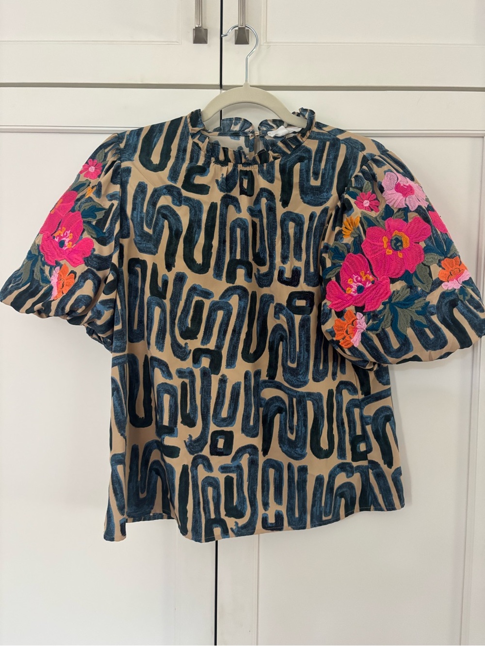 THML Beige Top with Navy Abstract Print and Pink Floral Embroidery